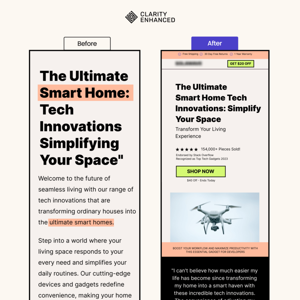 Landing page redesign – before and after